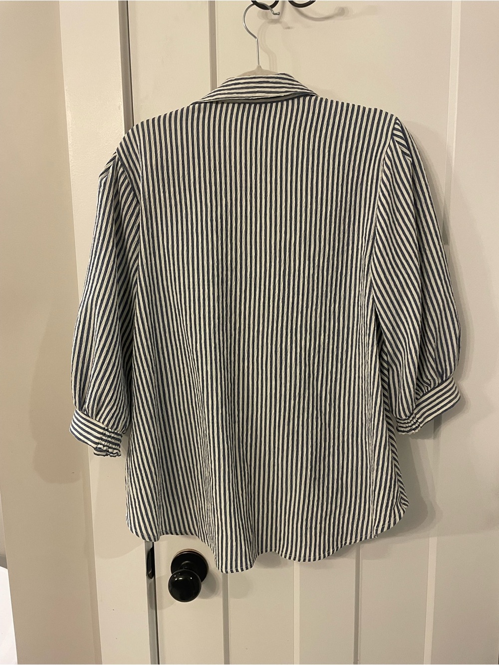 Chenault Navy & White Striped Twist-Front Button Down Shirt - Picture 4 of 7